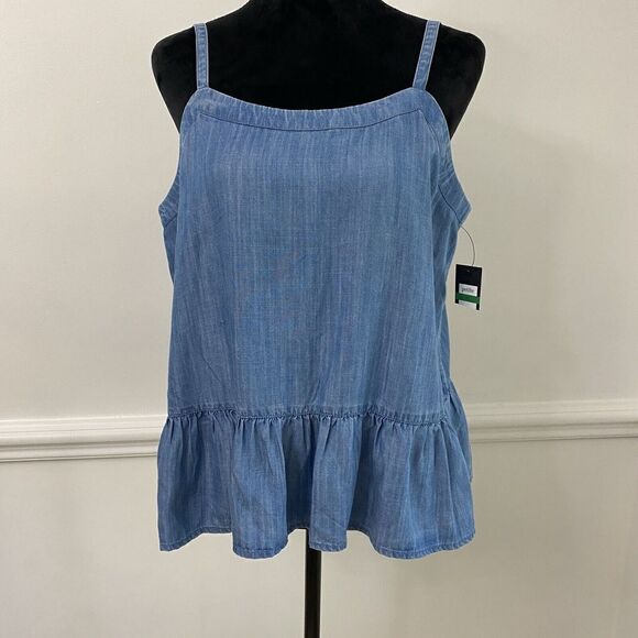 Crown & Ivy Petite Large Blue Chambray Peplum Ruffle Hem Tank Top - Picture 1 of 9